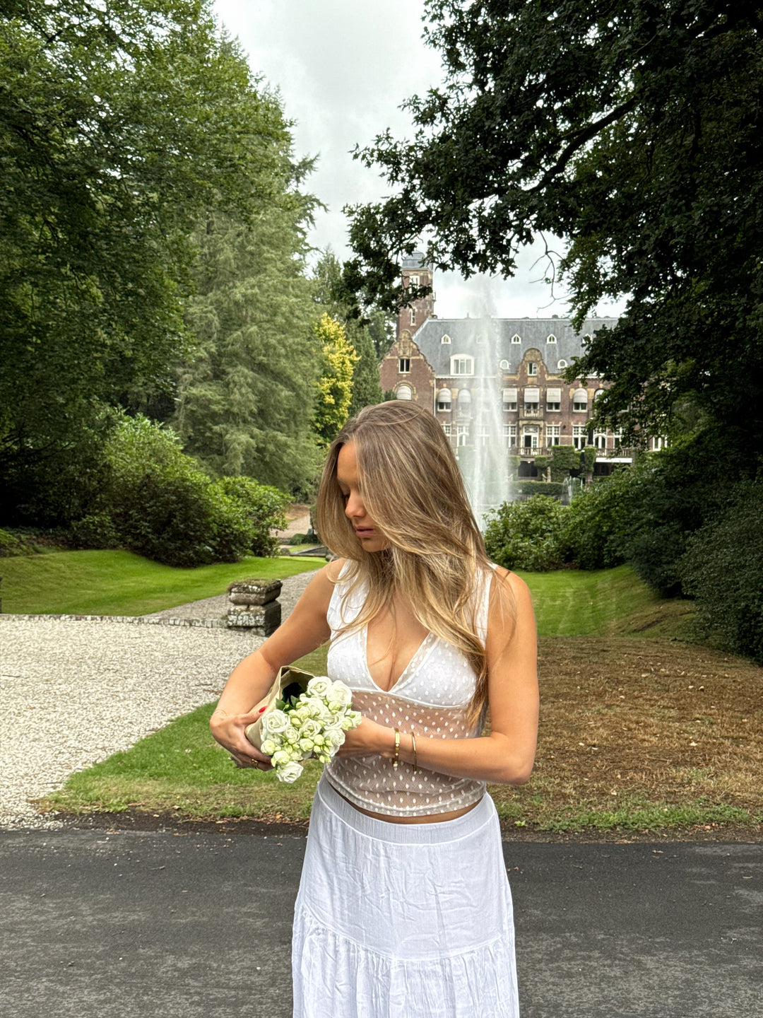 Francesca mesh V-Neck top - White