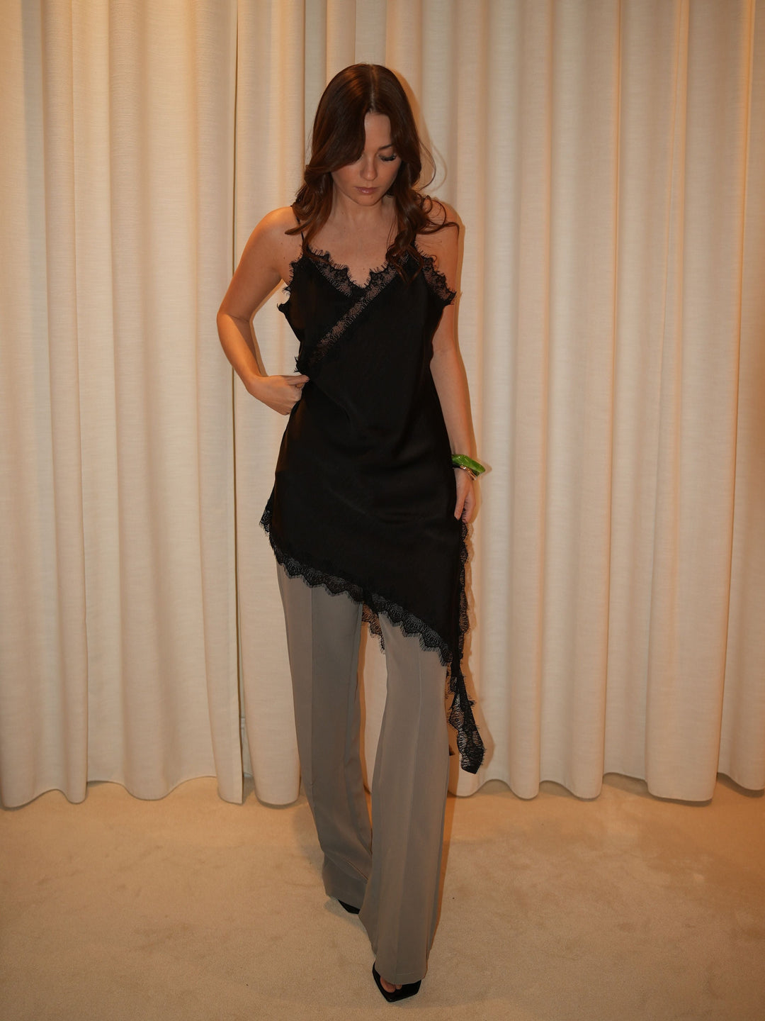 Ester satin lace dress - Black