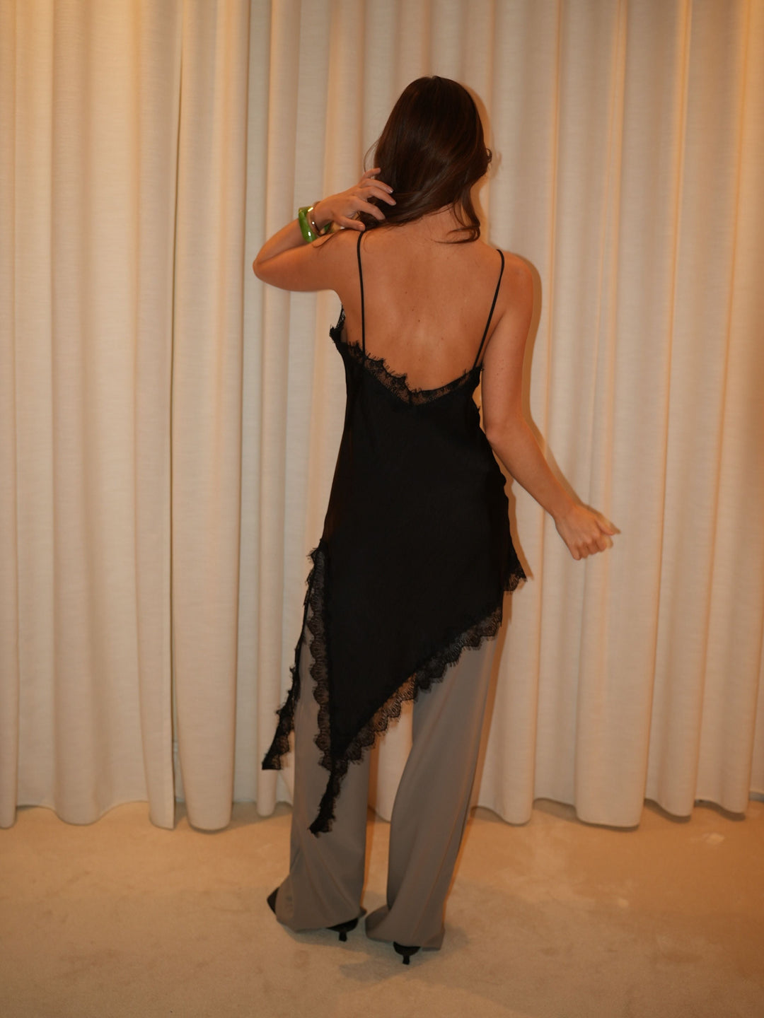 Ester satin lace dress - Black