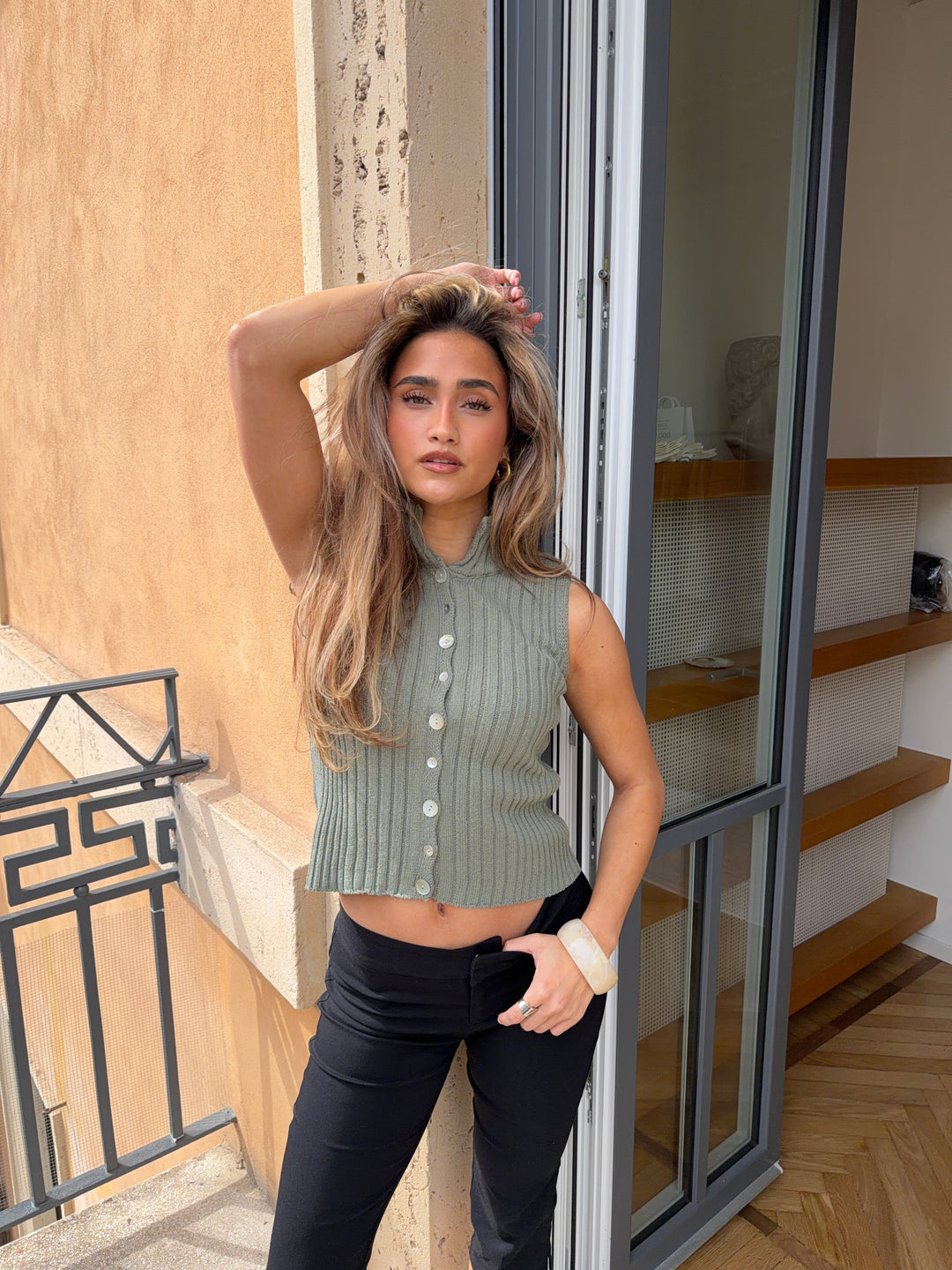 Sigga high neck button top - Sage