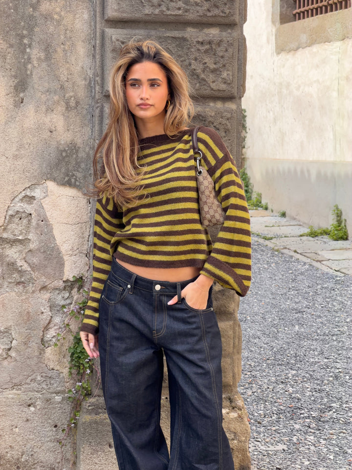 Oline striped boat neck sweater - Brown/green