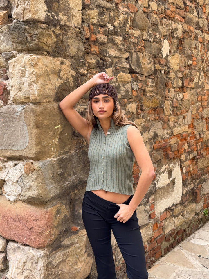 Sigga high neck button top - Sage