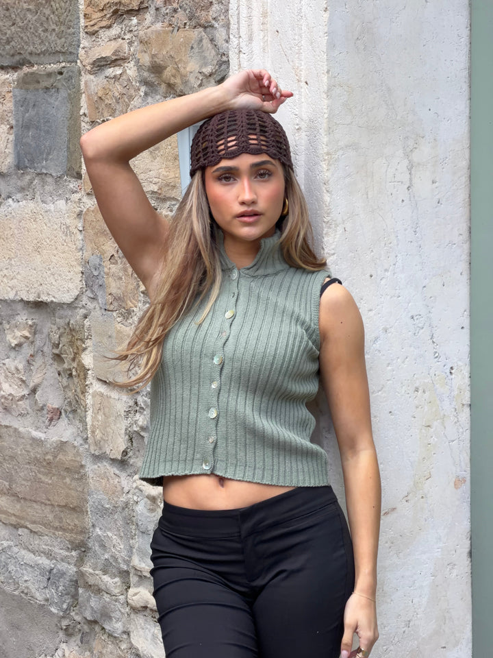 Sigga high neck button top - Sage