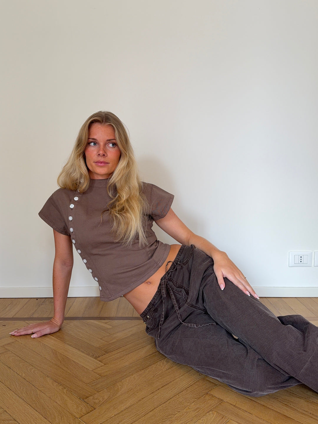 Kara fitted pearl high neck top - Brown