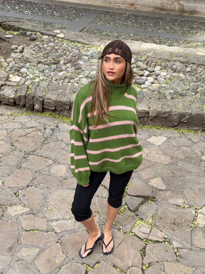 Embla striped high-neck sweater - Pink/green