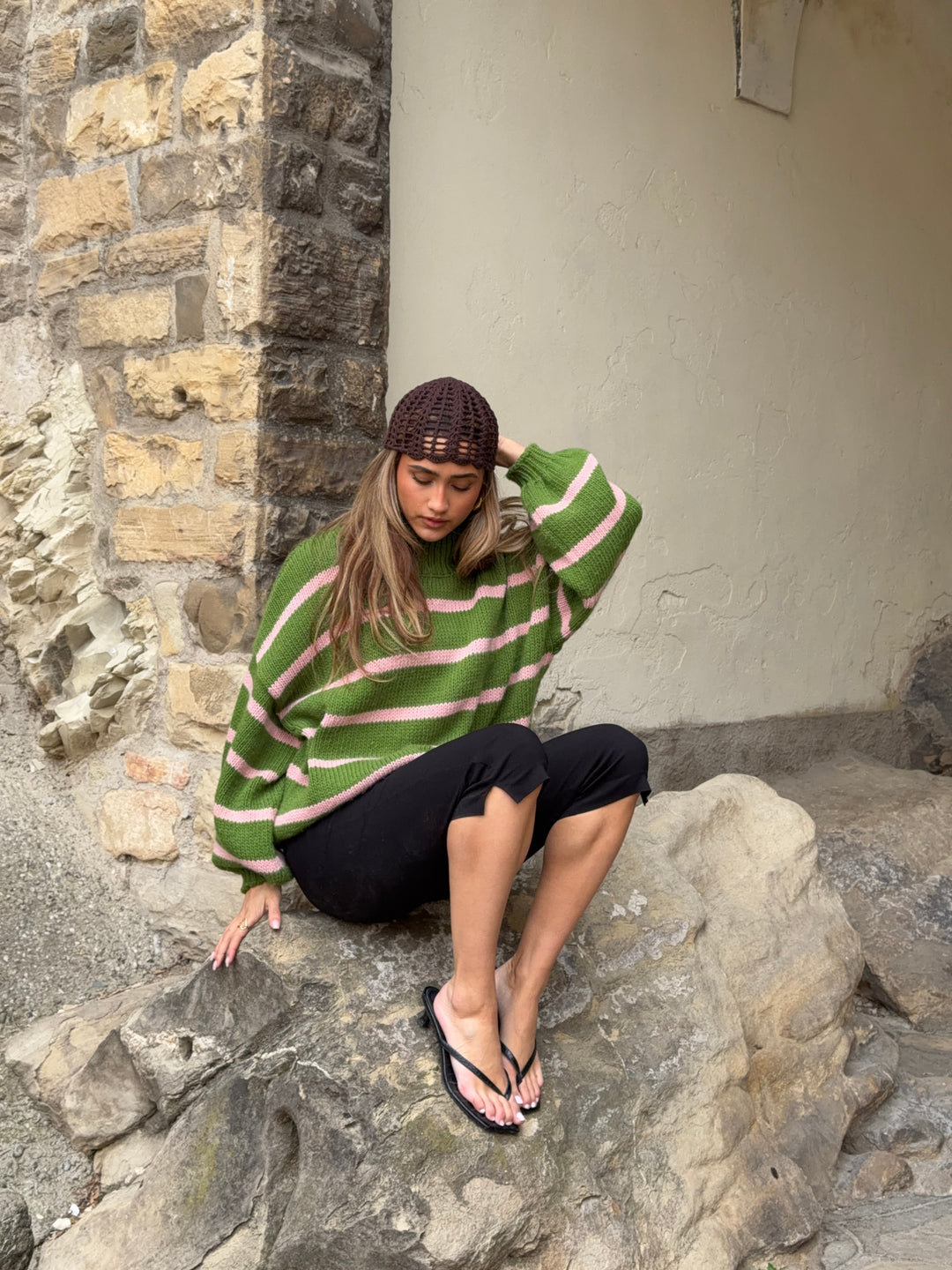 Embla striped high-neck sweater - Pink/green