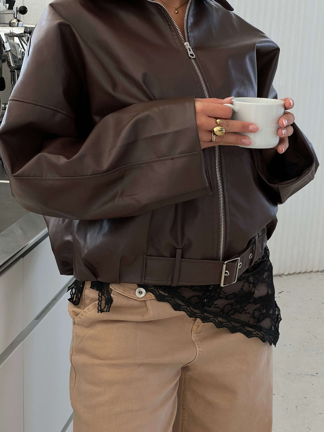 Tova buckle pu jacket – Dark brown